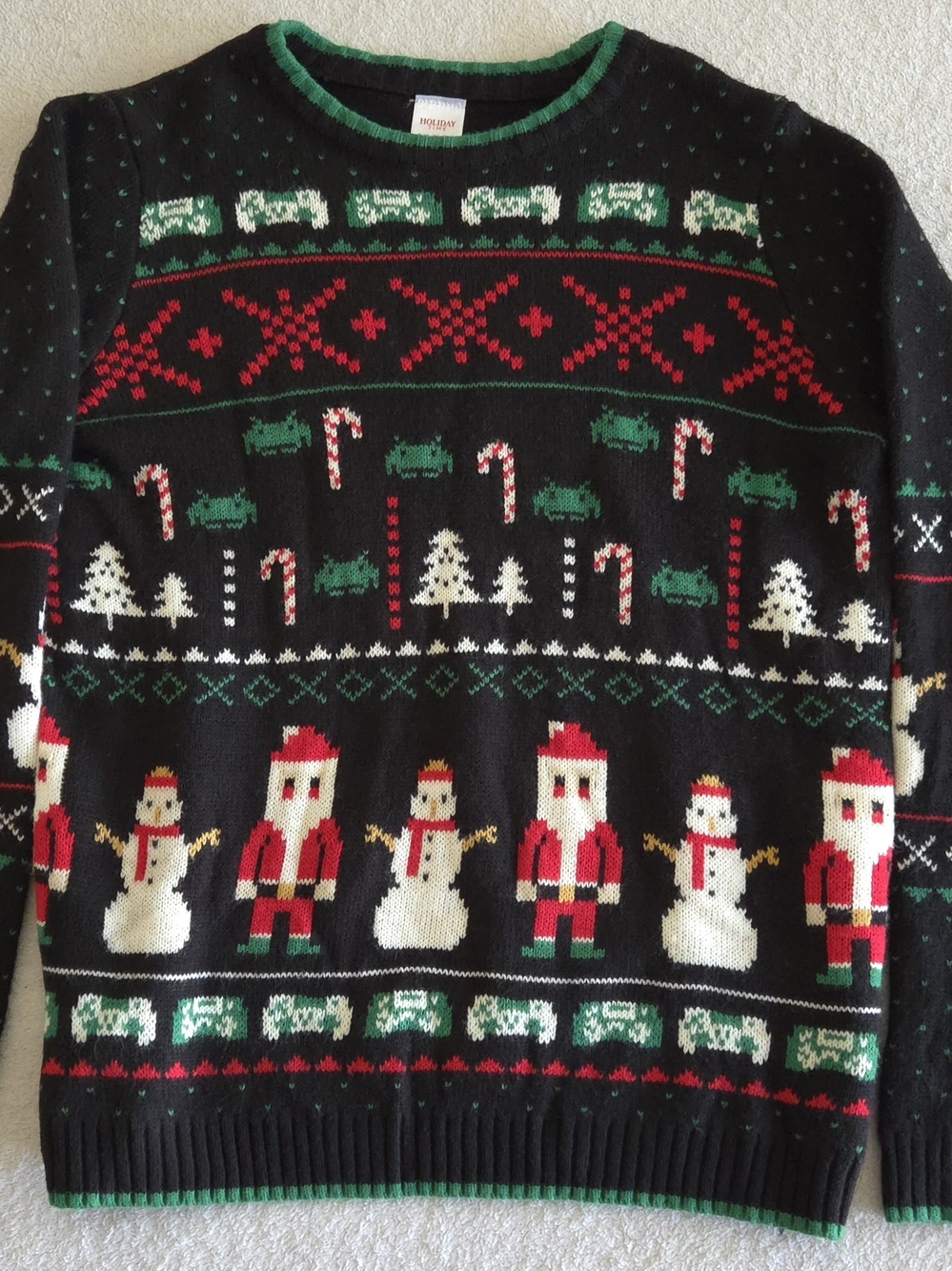 Holiday Time Black Crewneck Sweater with Red, Green and White Holiday Motifs